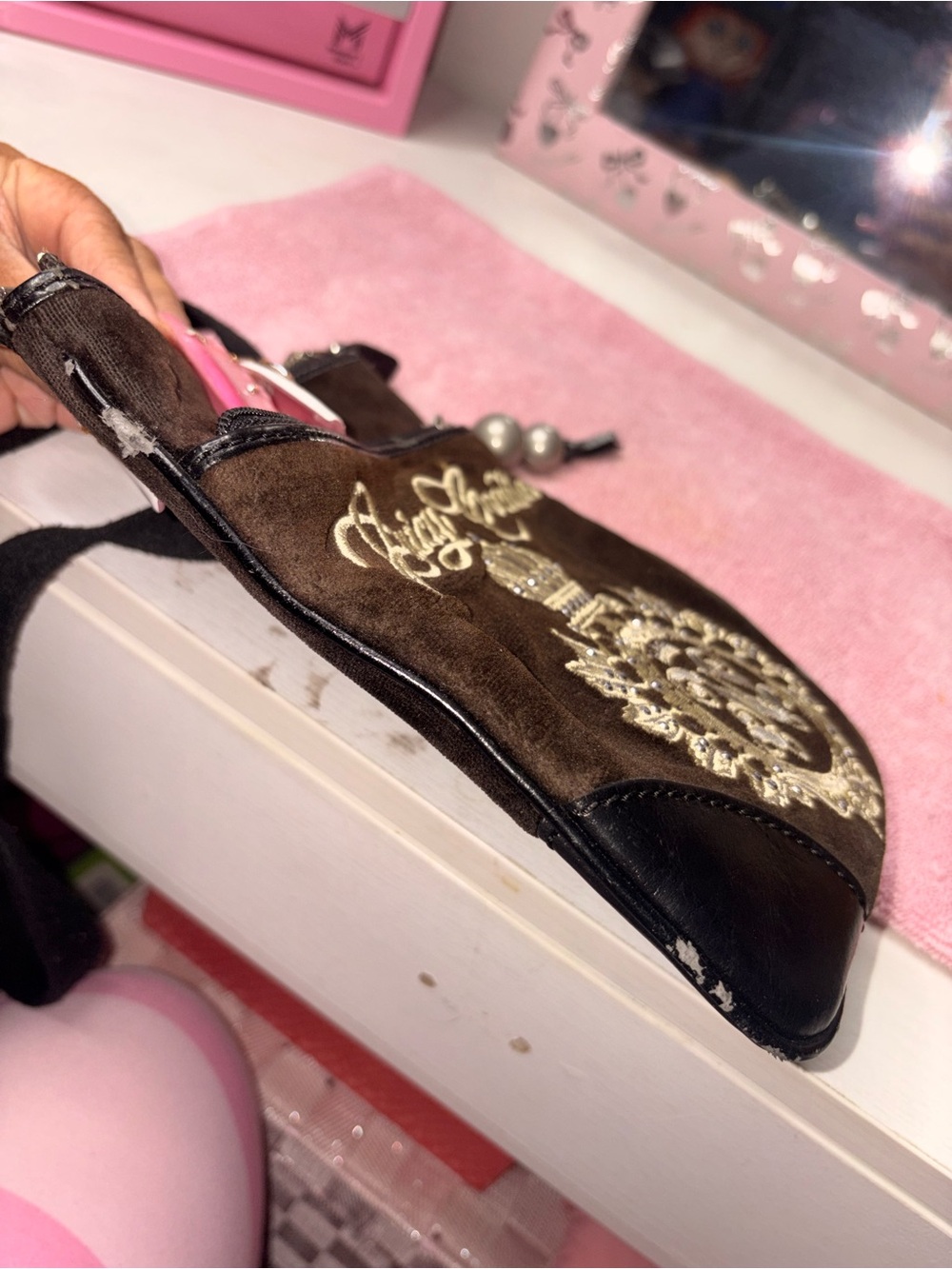 Juicy Couture Dark Brown Velvet Crossbody with Embroidered Crest - Picture 6 of 7